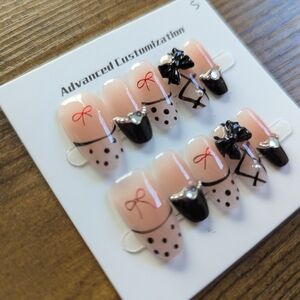 Kids Black & Pink Bow Press-On Nail Set - Advanced Customization